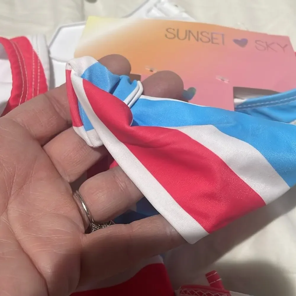 Sunset sky 7 one piece red blue white cut out hair band matching nwt bows at hip